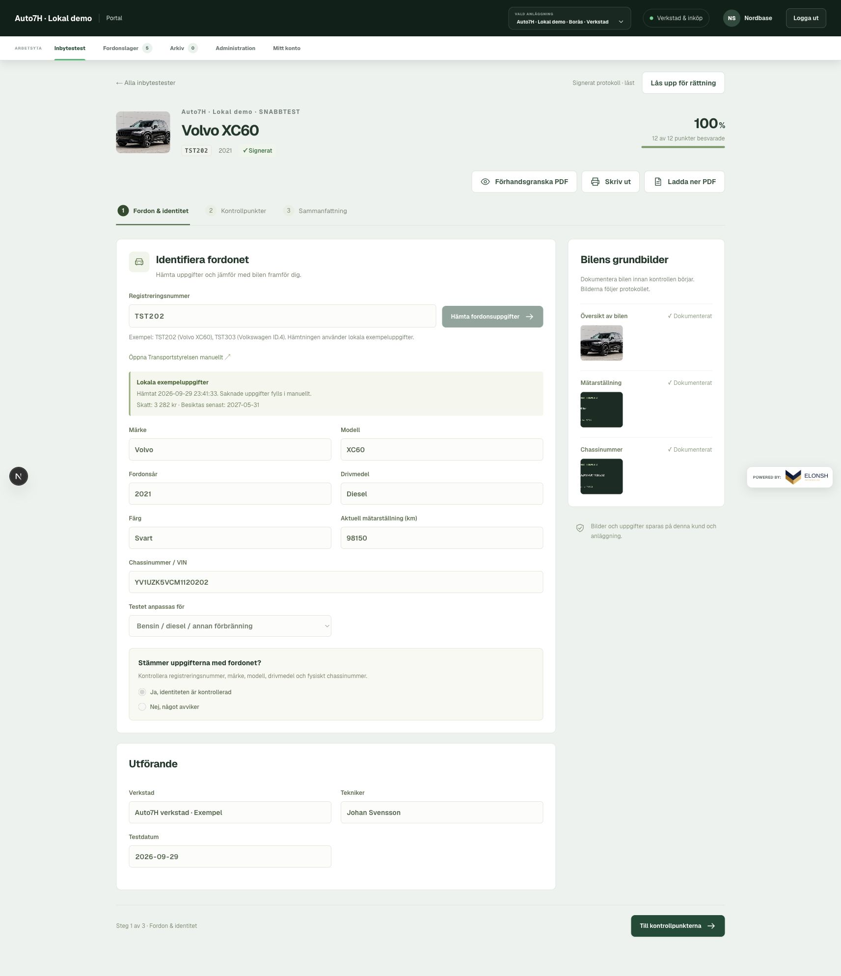 Steget Fordon och identitet med fordonsuppgifter och grundbilder i Varudeks demo