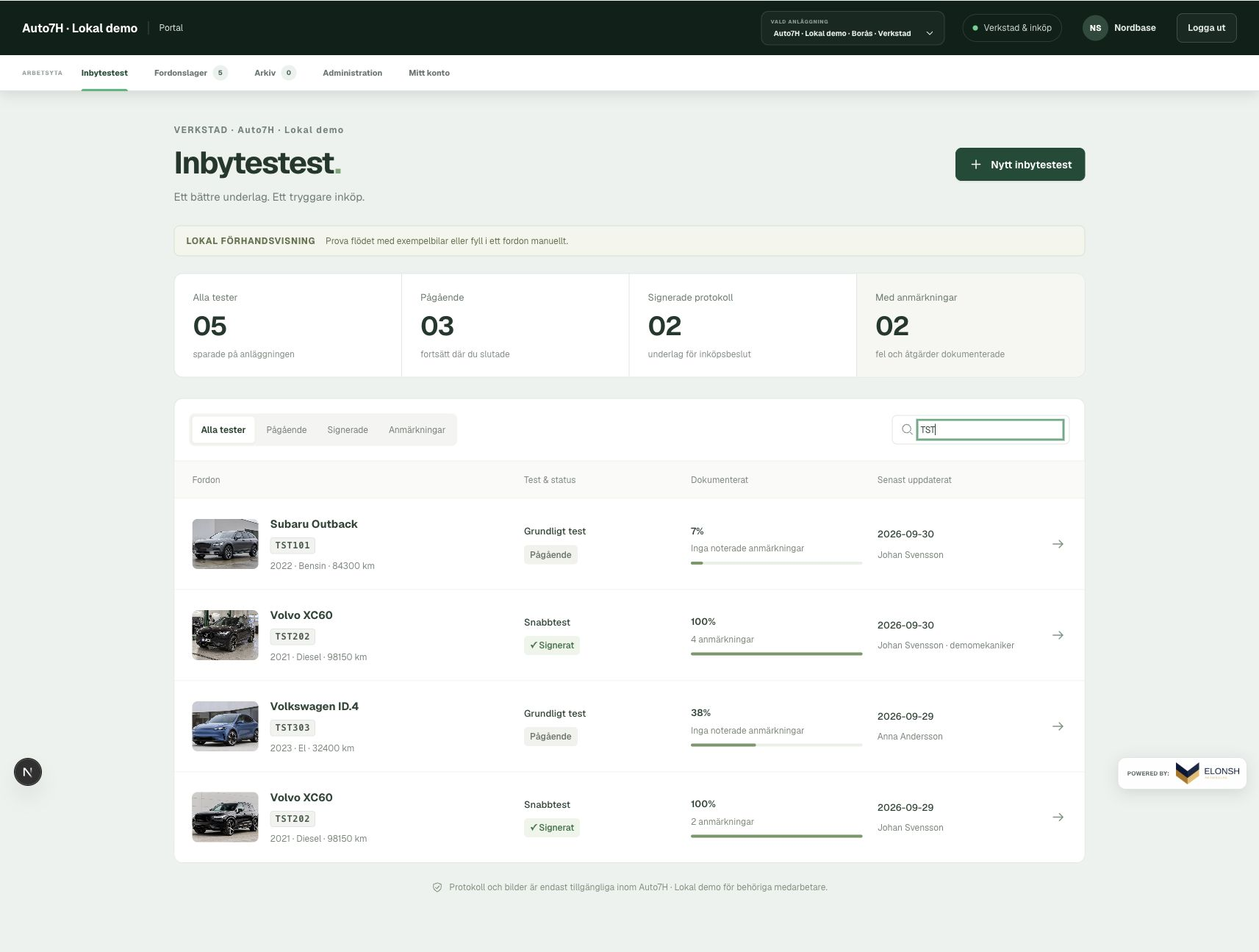 Inbytestest i Varudeks demo med testlista och protokollstatus