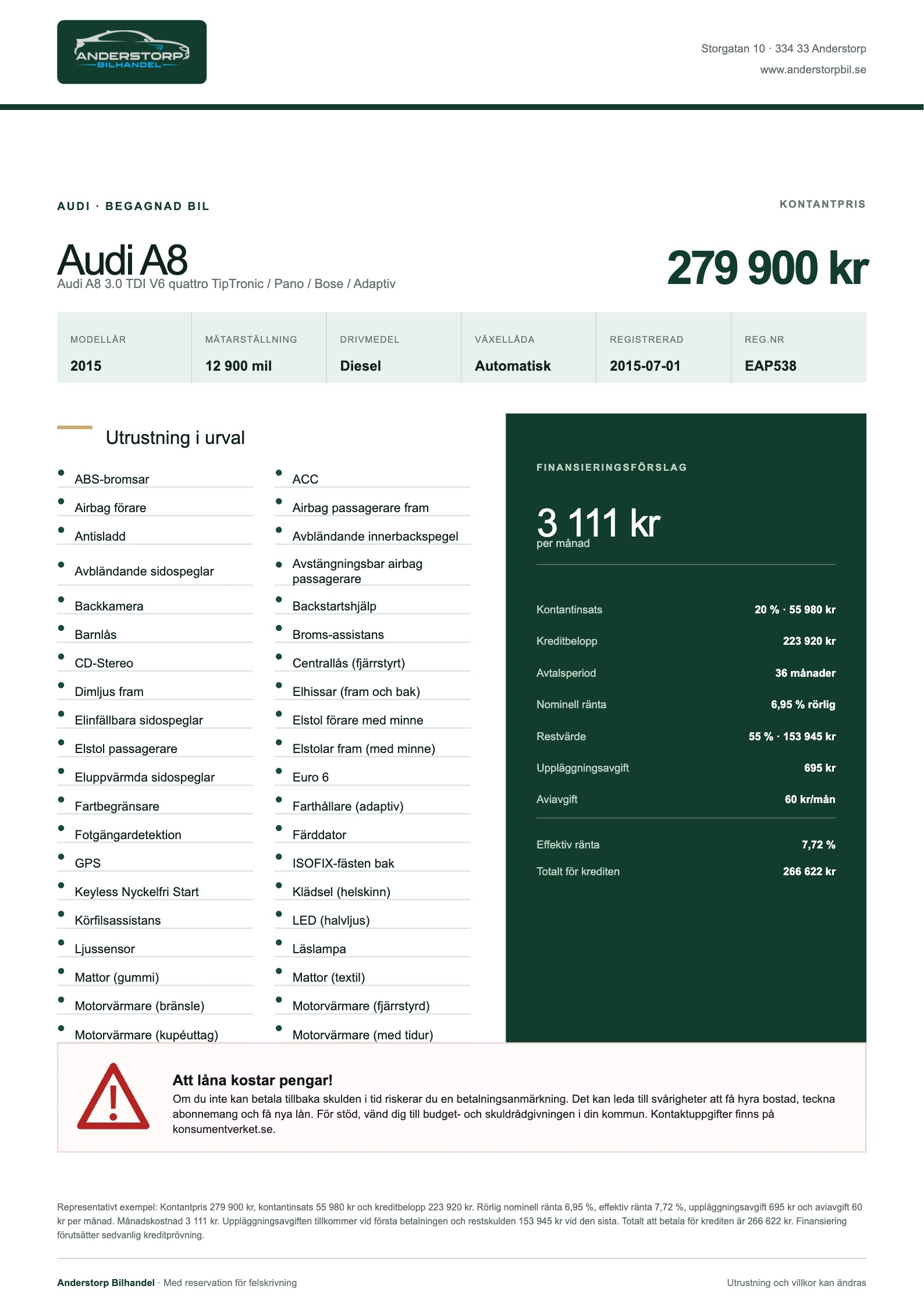 A4-prisskylt från Varudek med bilmodell, kontantpris, fordonsfakta och bilfirmans logotyp